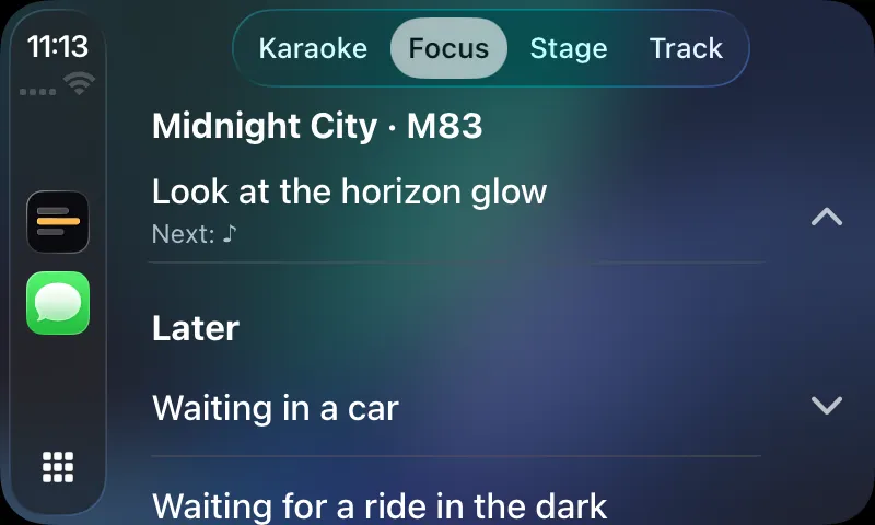 Lyricar on a CarPlay screen in the Focus tab, one large lyric line.