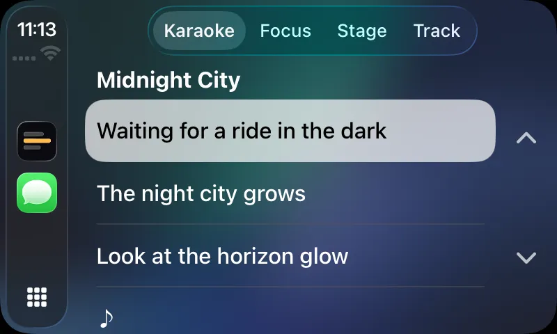 Lyricar on a CarPlay screen in the Karaoke tab, the current line highlighted.