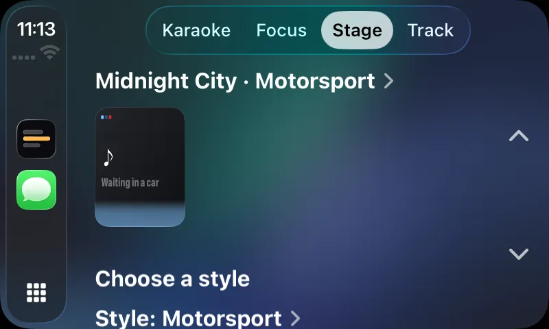 Lyricar on a CarPlay screen in the Stage tab.