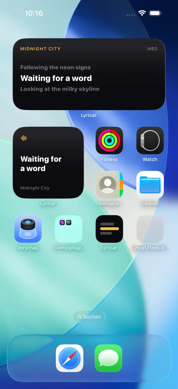 An iPhone Home Screen with several Lyricar widgets showing lyrics and playback buttons.