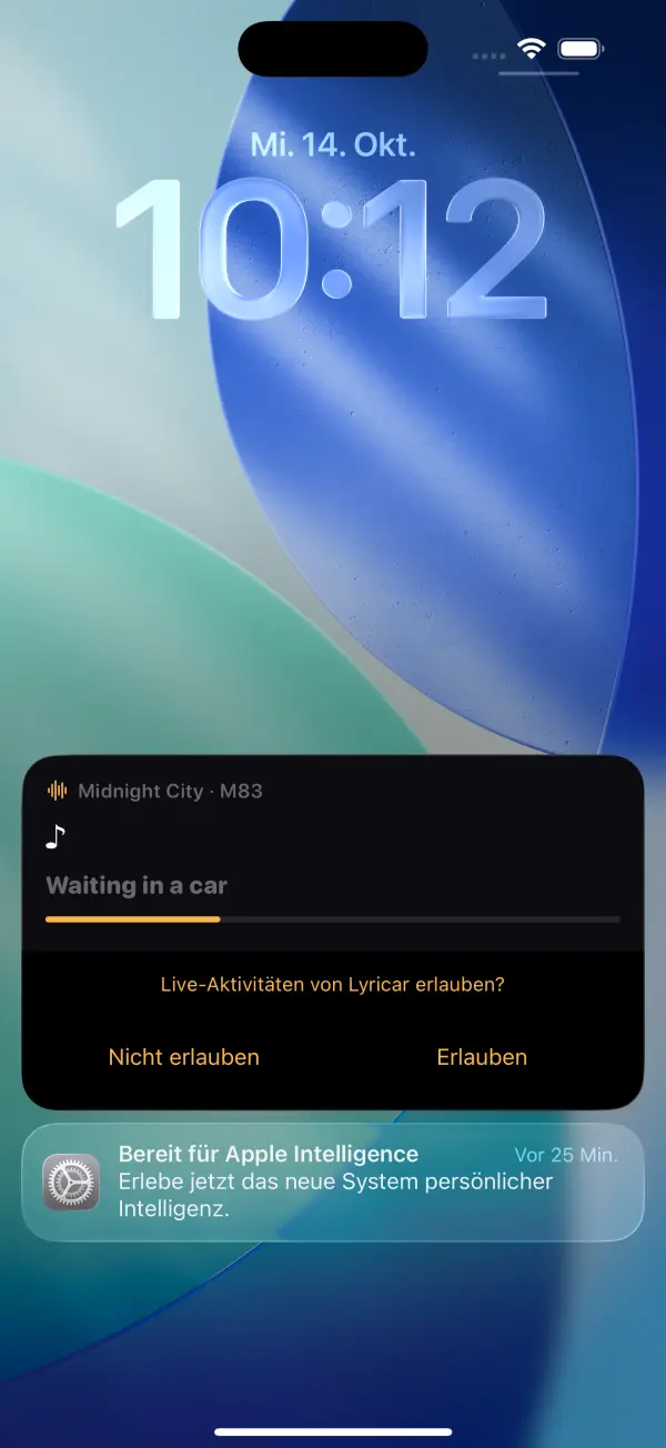 The iPhone Lock Screen with a Lyricar Live Activity showing the current lyric line.