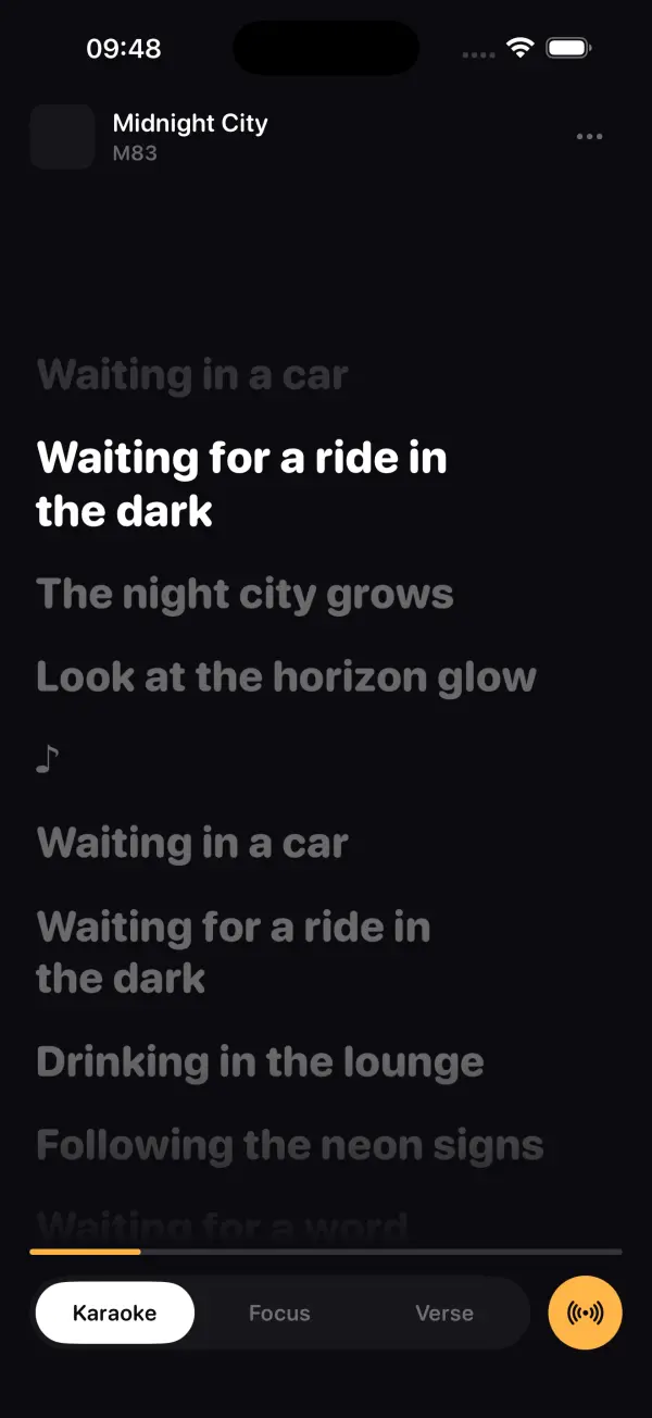 Lyricar on the iPhone: the current line of Midnight City by M83 is bright white, the lines around it are dimmed, with Karaoke, Focus and Verse tabs at the bottom.