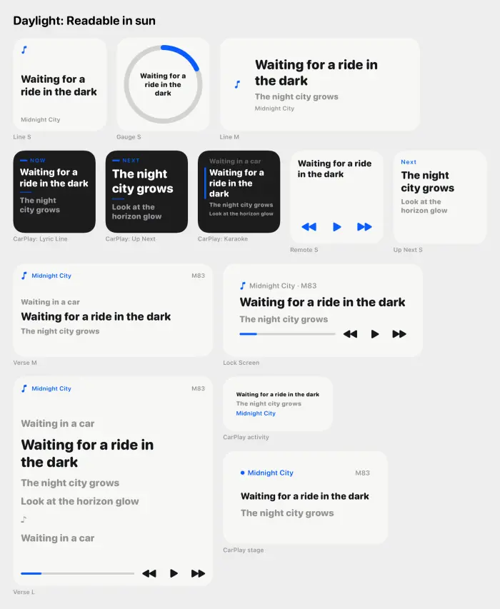Contact sheet of the light Daylight style across widgets, the Lock Screen and CarPlay.
