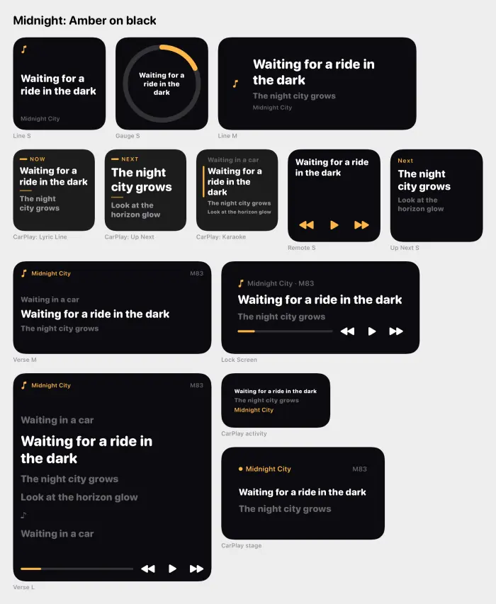Contact sheet of the Midnight style across widgets, the Lock Screen and CarPlay.