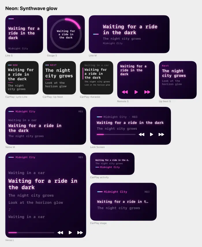 Contact sheet of the Neon style, purple and pink, across widgets, the Lock Screen and CarPlay.